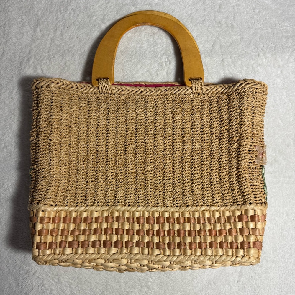 Vintage 90s Tan Floral Woven Tote Bag, Boho Fairy Cottagecore - Picture 2 of 6